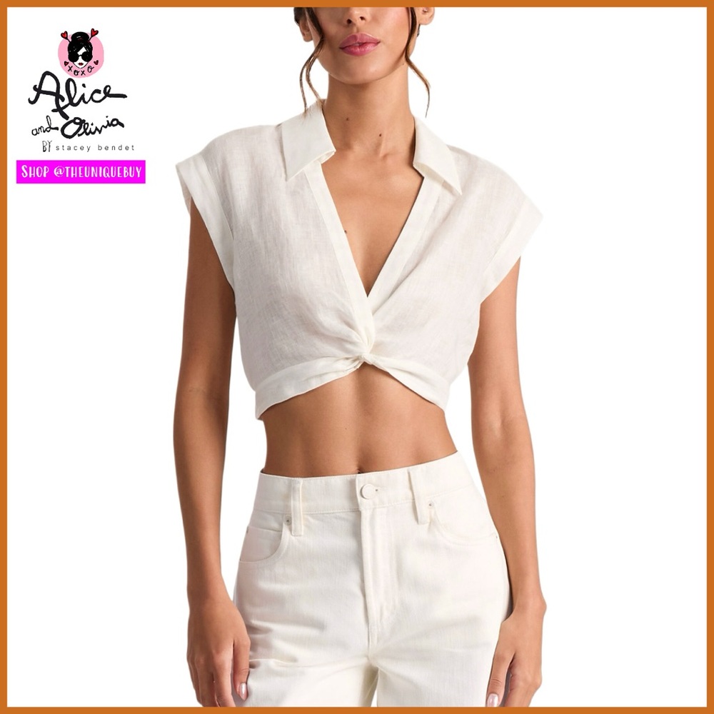 Alice + Olivia Mila Off White Linen Cropped Top